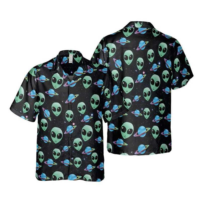Men's Casual Shirts Harajuku Fashion UFO Graphic Shirts For Men Clothes Hip Hop Cartoon Alien Beach Shirt Hawaii Funny Biology Short Slve Blouses