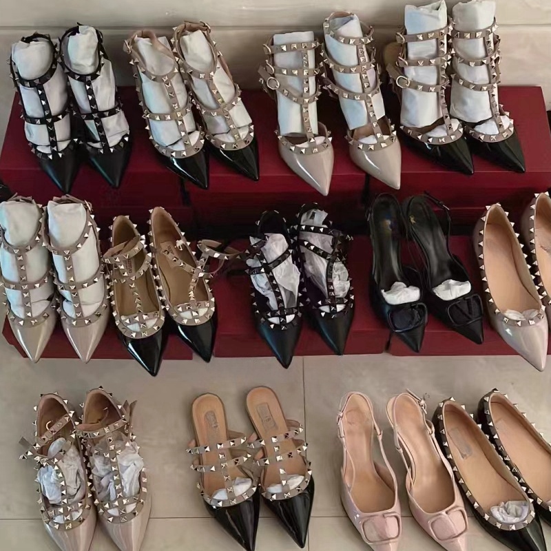 Designer High Heel Sandal Dress Shoes Ankle Strap Roman Studs Black Nude Strip Rivets Womens Stiletto Block leather peep-toes slingback gold 6 8 10cm wedding shoes