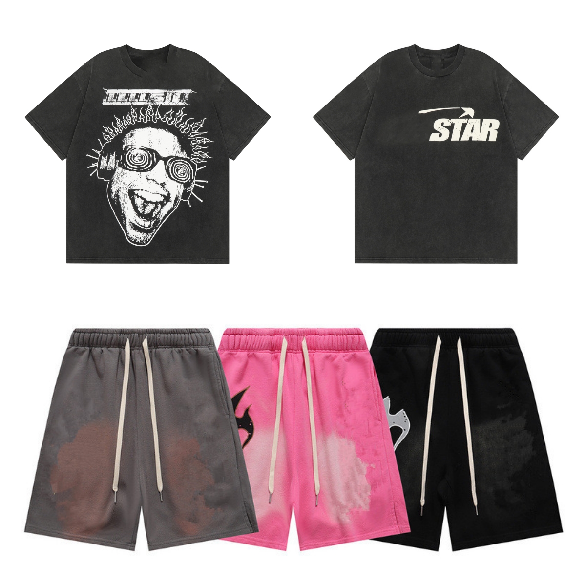 Men Shorts graphic tee shorts mens shorts designer clothes womens washed fabric Street graffiti Lettering foil print Vintage Loose fitting mens shorts