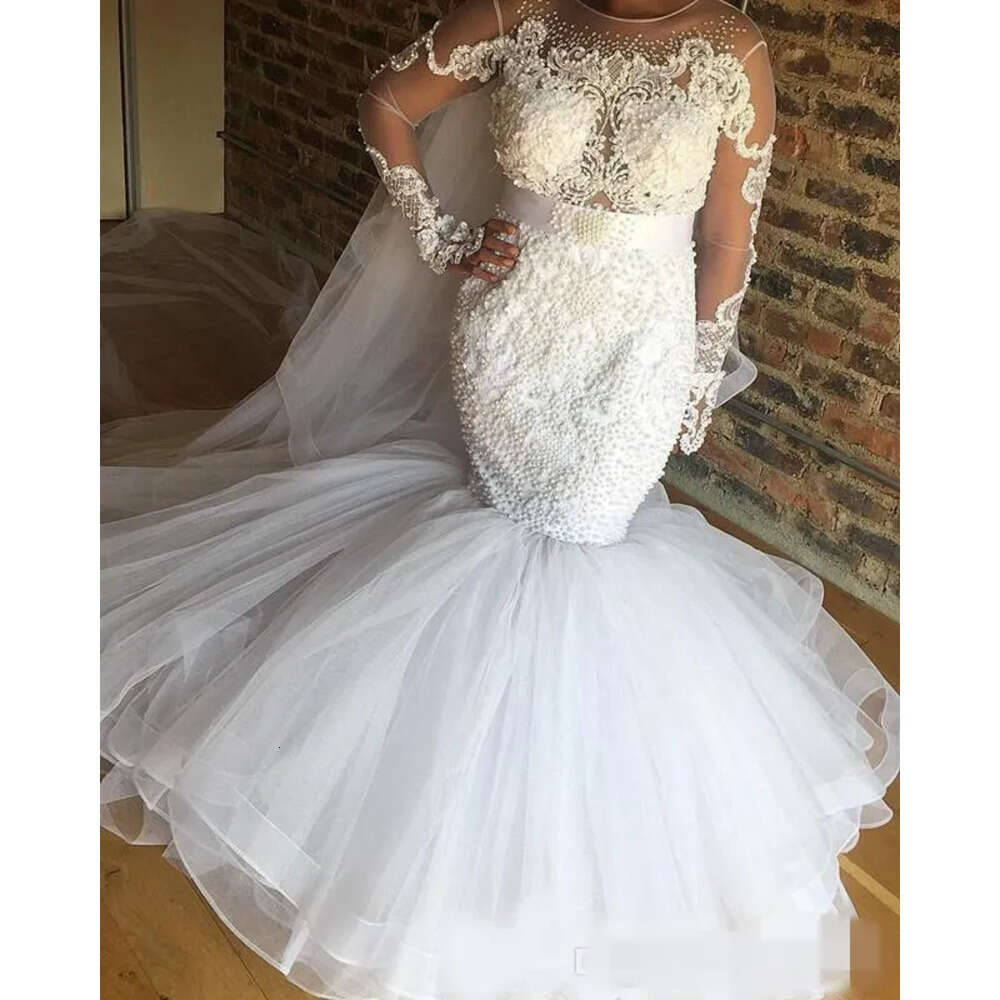 Jewel Dresses Neck Sleeves Beaded Mermaid Long Lace Applique Custom Made Plus Size Wedding Gown Vestido De Novia 6660305