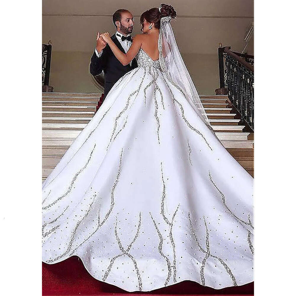 Sweetheart Dresses Ball Glamorous Sleeveless Shining Wedding Applicants Draped Beads Backless Court Custom Made Bridal Gown Vestidos De Novia 0510
