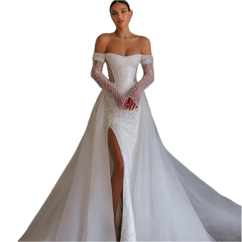 Luxury Sequins Mermaid Wedding Dresses Detachable Train Off Shoulder Long Sleeves Bridal Gown Sexy Side Split Vestido De Novia 2024
