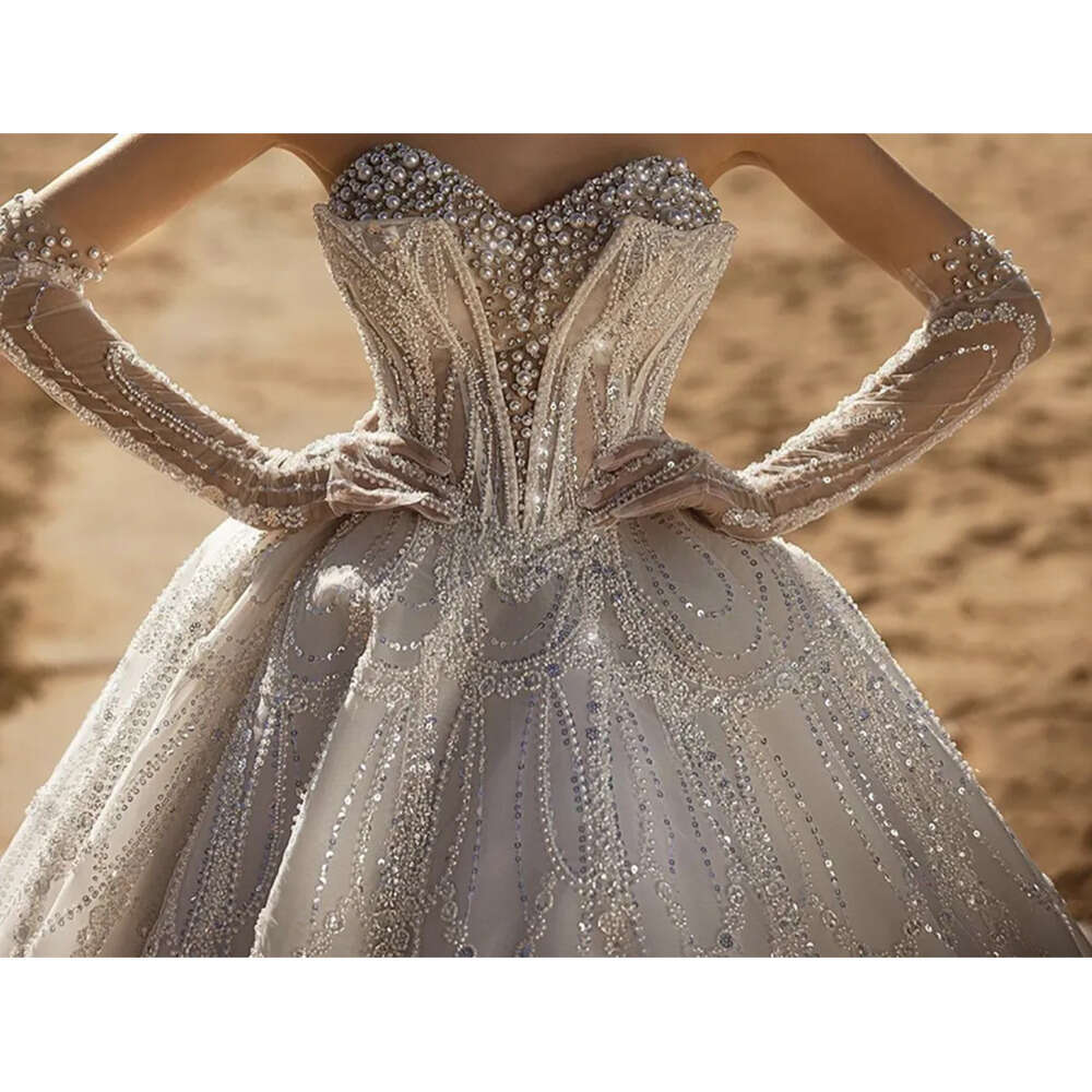 Ball Pearls Exquisite Dresses Beads Wedding Gown Sweetheart Lace Sequins Designer Backless Sweep Train Custom Made Bridal Plus Size Vestidos De Novia 