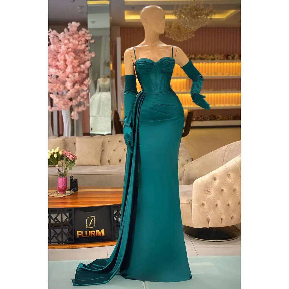 Straps Prom Spaghetti Turquoise 2024 Mermaid Dresses Custom Made Plus Size Sweep Train Satin Celebrity Party Ball Gown Formal Evening Wear Vestidos 02