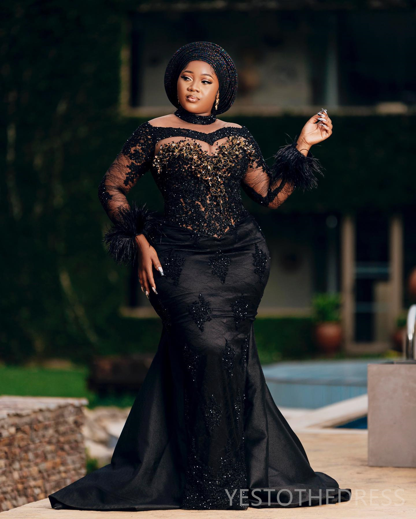 2024 Plus Size Prom Dresses for Black Women Promdress High Neck Feathered Long Sleeves Beaded Appliqued Lace Birthday Dress Second Reception Gowns Eng