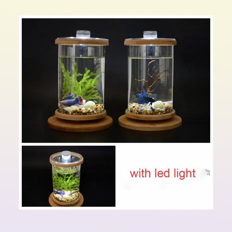 Aquariums 360 Degree Rotating Glass Betta Fish Tank Bamboo Base Mini Decoration Rotate Bowl Aquarium Accessories For Office9076310 Dro Dhsbe