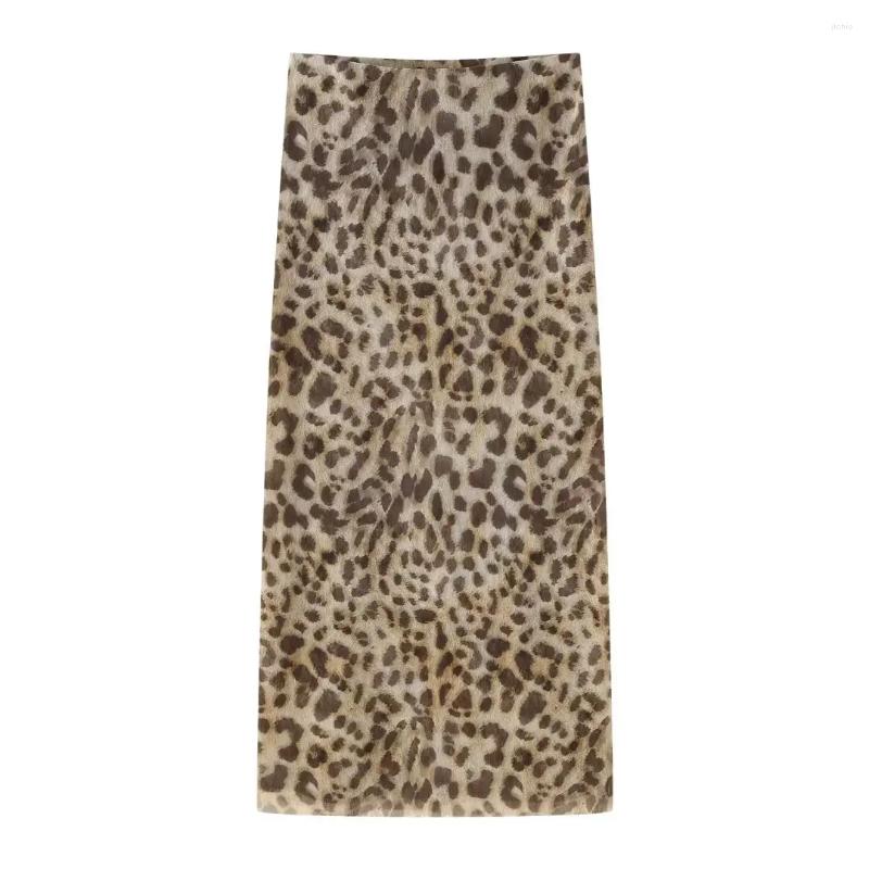 Work Dresses Women Fashion 2 Piece Set Tulle Leopard Pleated Tops Vintage High Waist Midi Skirt Female Chic Lady Skirts