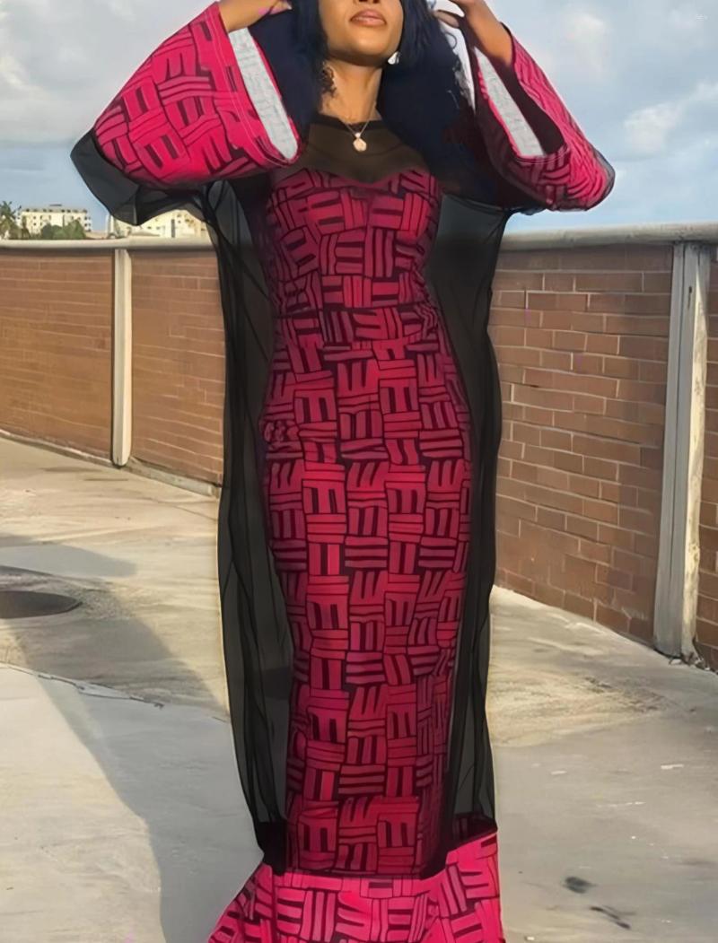 Work Dresses Casual Printed 2 Piece Set Women Spring Summer Mesh Outfit See Through Flare Sleeve Dress Strapless Bodycon Suit