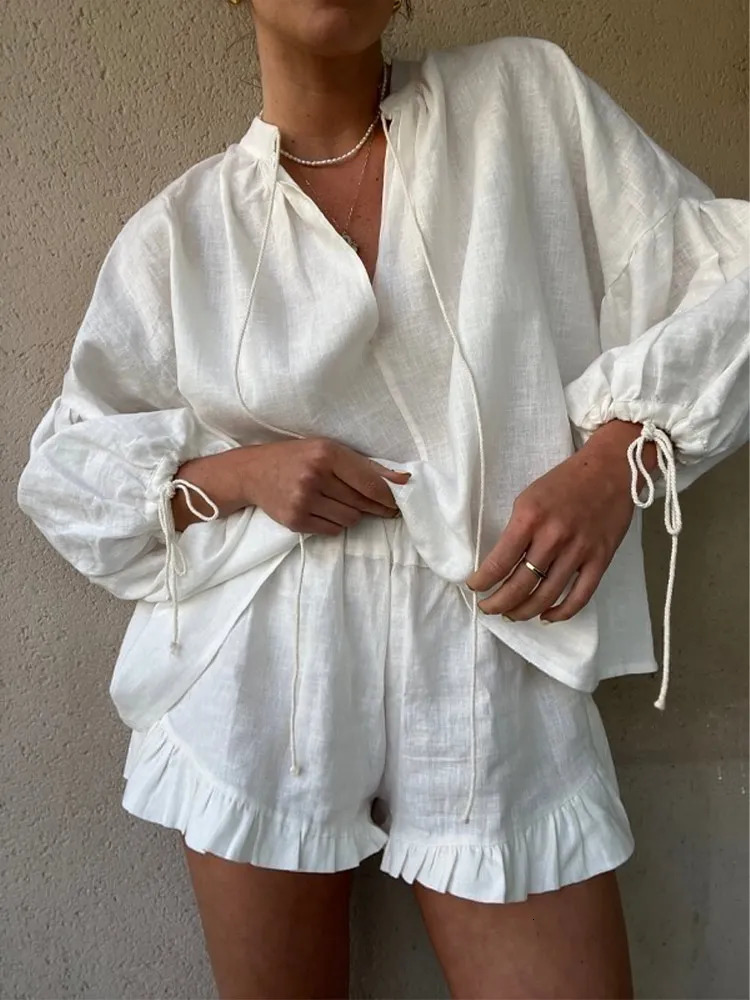White Elastic Waist Shorts Two Piece Set For Women Commuting Long Sleeve Lace Up Shirt Suit Summer Female High Street Outfit 240423