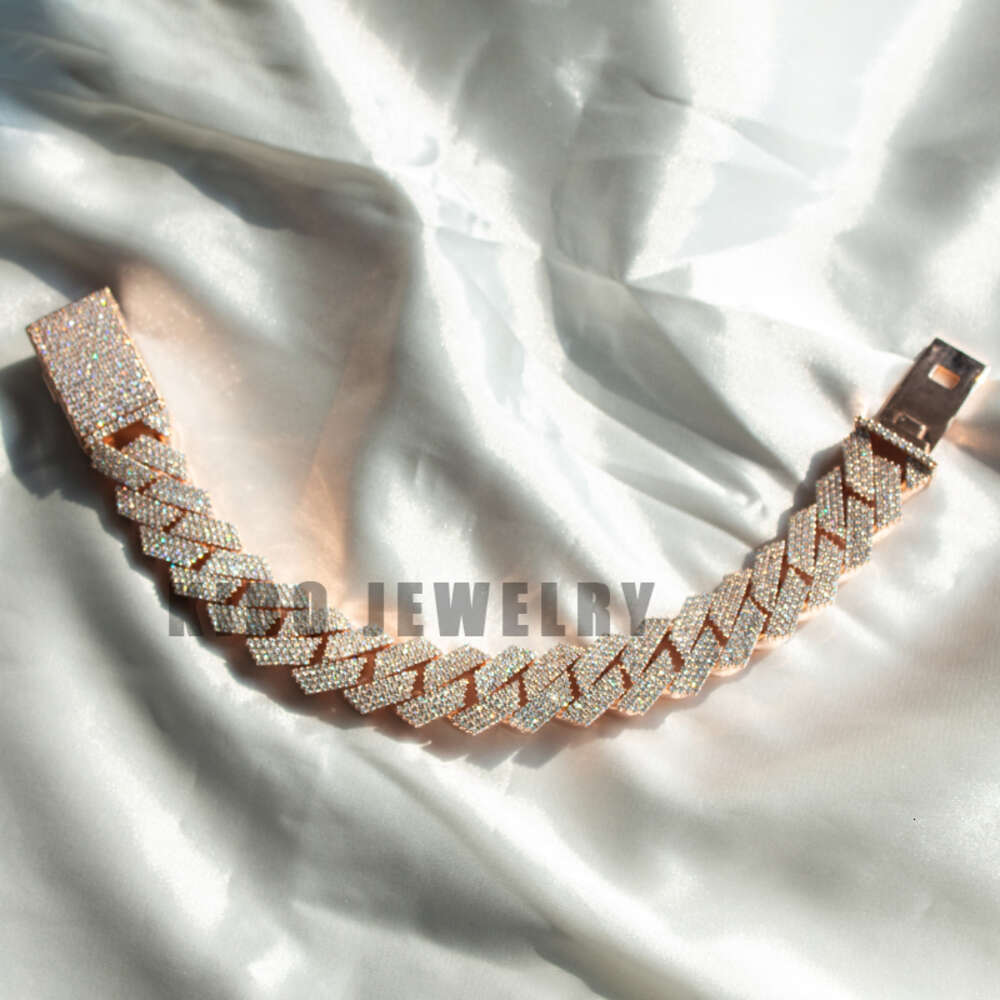 Fashion Hip Hop Jewelry for Men Iced Out S925 Silver with Rose Gold Plated Link Chain Moissanite Baguette Cuban Bracelet