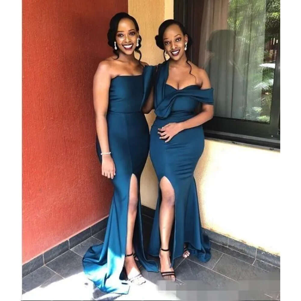 Dresses Side Blue Mermaid Slit Navy Bridesmaid One Shoulder Straps Floor Length Custom Made Maid Of Honor Gown Wedding Guest Party Wear 0510