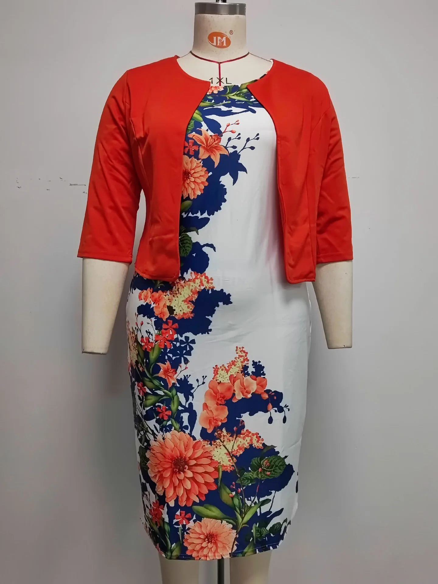 Plus Size Floral Print Turkey Style Office Ladies Coat and Dress Suit For Women 240422