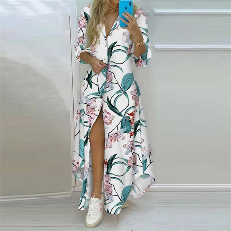 Casual Dresses Summer Women Boho Printed Long Shirts Elegant Dress Turn-down Collar Sleeve Female Split Shirt Evening Maxi