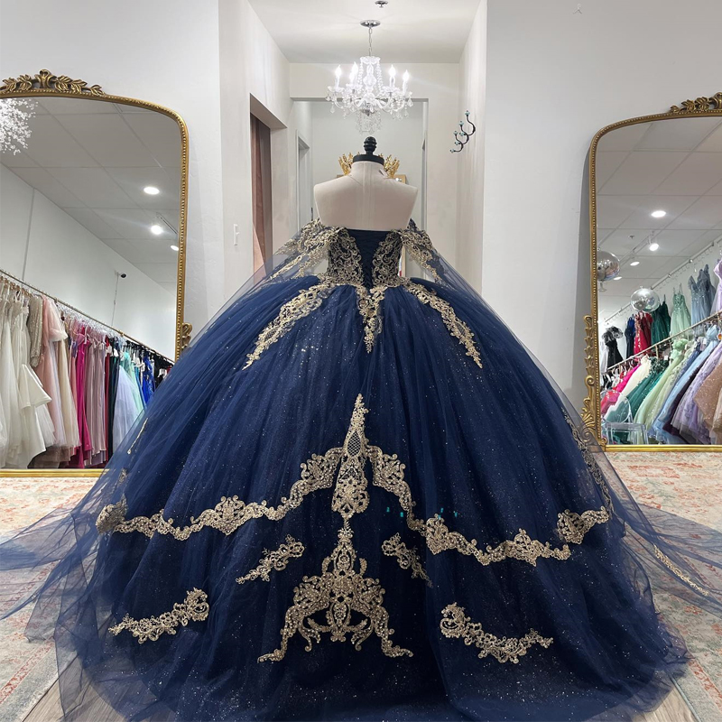 Navy Blue Quinceanera Dresses For 16 Girl Off the Shoulder Gold Appliques Beads Princess Ball Gowns Birthday Prom Vestidos De XV 15 Anos