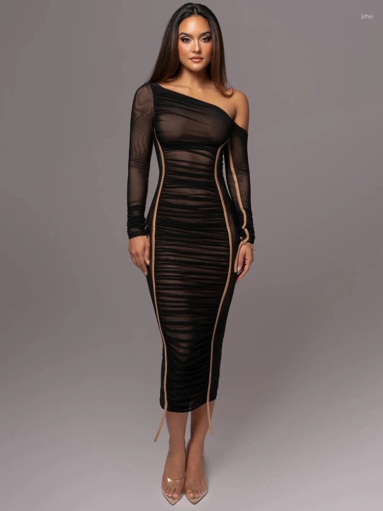 Casual Dresses Mozision Diagonal Collar Long Sleeve Midi Dress For Women Two Layer Mesh Backless Ruched Bodycon Club Party Sexy
