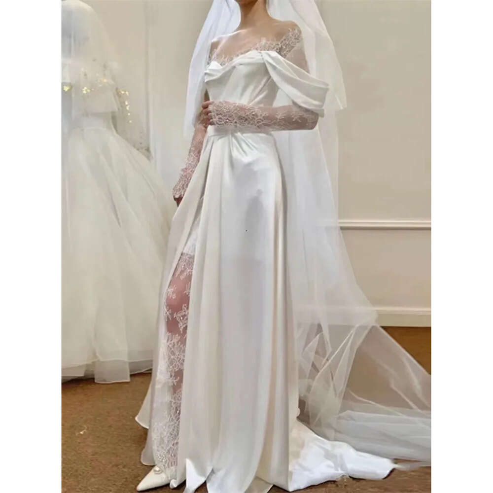 Newest Long White Shoulder Dress Sleeve Off Lace High Slit Or Length Wedding Dresses Romantic Vestido De Novia Es 0914