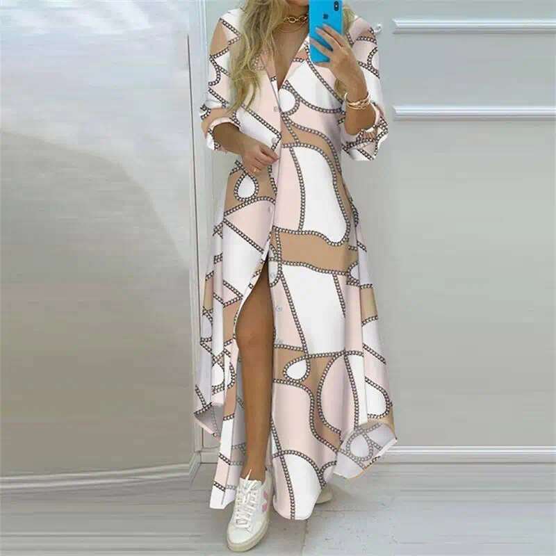 Casual Dresses Summer Women Boho Printed Long Shirts Elegant Dress Turn-down Collar Sleeve Female Split Shirt Evening Maxi