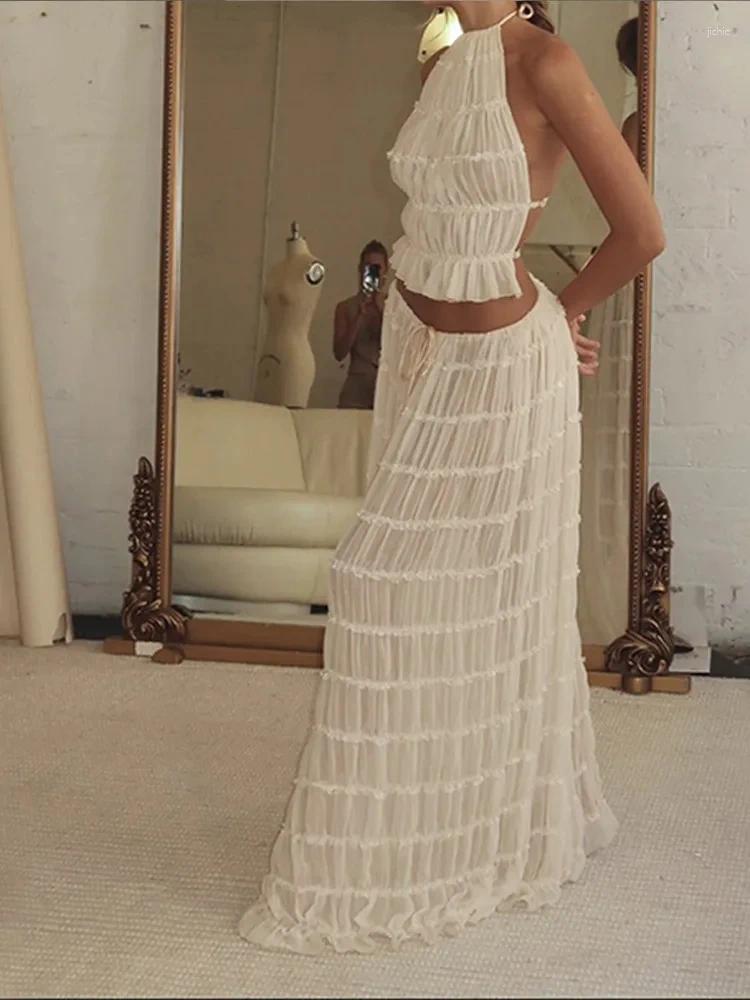 Casual Dresses 2024 Folds Long Skirt Set For Women Sexy Sleeveless Backless Cropped Halter Tops Drawstring Skirts 2 Piece Sets