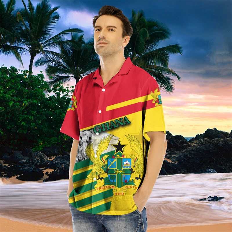 Men's Casual Shirts Ghana Flag Map 3D Printed Short Slve Shirts For Men Clothes GHA National Emblem Beach Shirts National Emblem Blouses Male Top