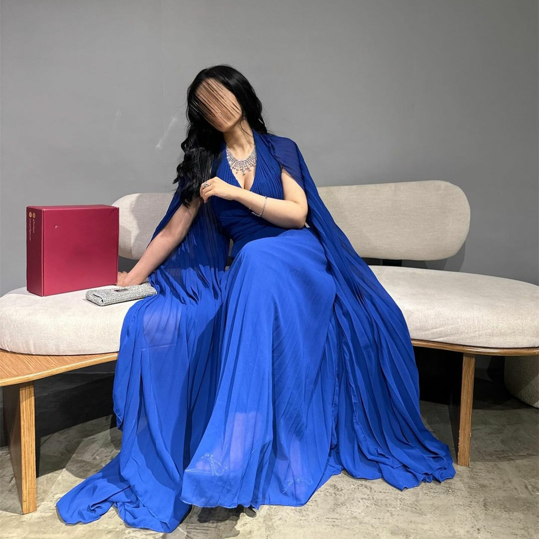 Elegant Long Royal Blue Chiffon Evening Dresses With Cape A-Line V-Neck Pleated Muslim Floor Length Zipper Back Prom Dresses for Women