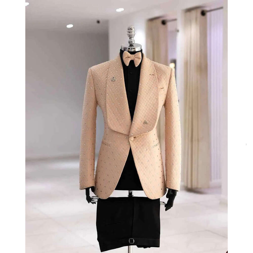 Shawl Tuxedos Pieces Beads Blazer 2 Wedding Lapel Black Pants One Button Pockets Fashion Coat Prom Party Ocns Custom Made Tailored Exquisite Fit