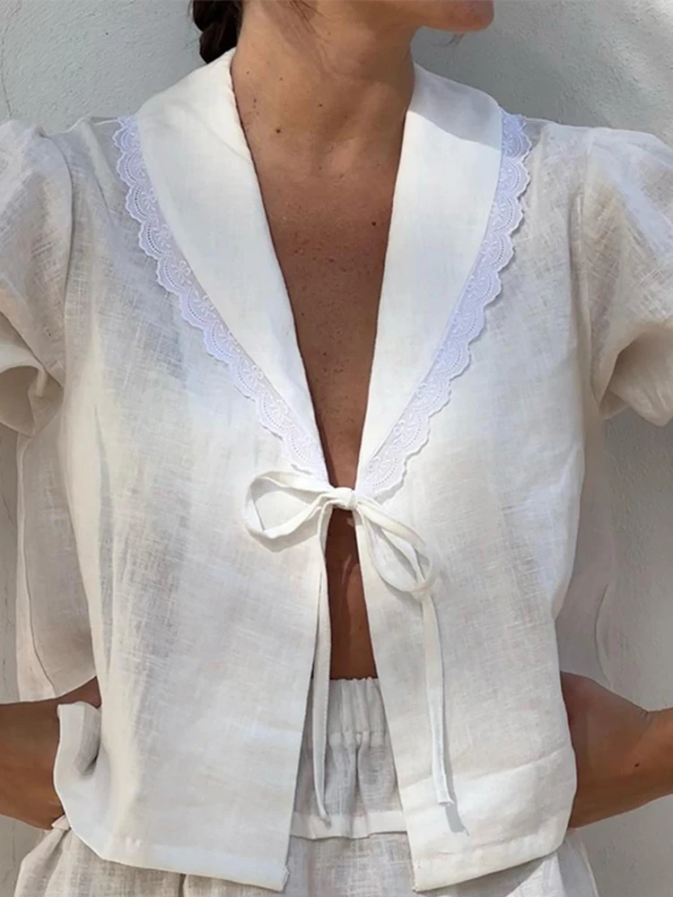 Lace Up Shirts Skirt Suits for Women Doll Collar Bow Puff Short Sleeve Single Breasted Mini Skirts Summer Fashion Lady Sets 240429