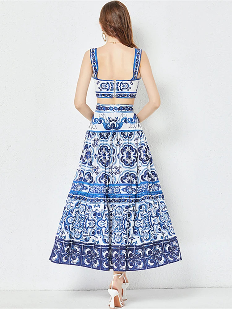 JAMERARY Summer Runway Blue And White Porcelain Two Piece Set Women Flower Print Short Crop Top Holiday Beach Maxi Skirt Suits 240428