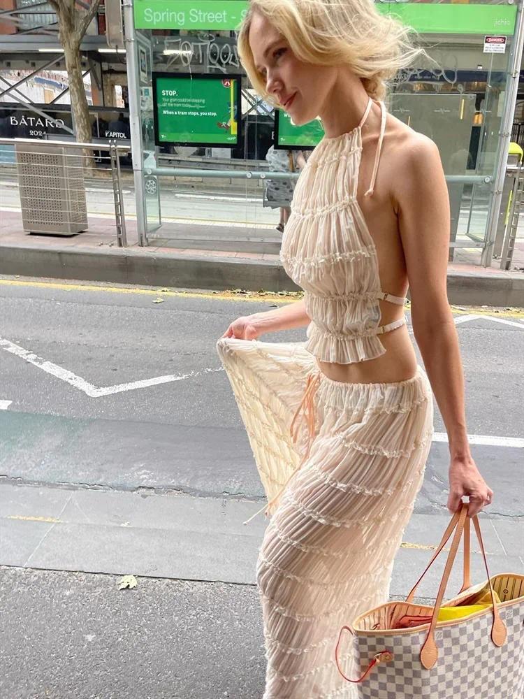 Casual Dresses 2024 Folds Long Skirt Set For Women Sexy Sleeveless Backless Cropped Halter Tops Drawstring Skirts 2 Piece Sets