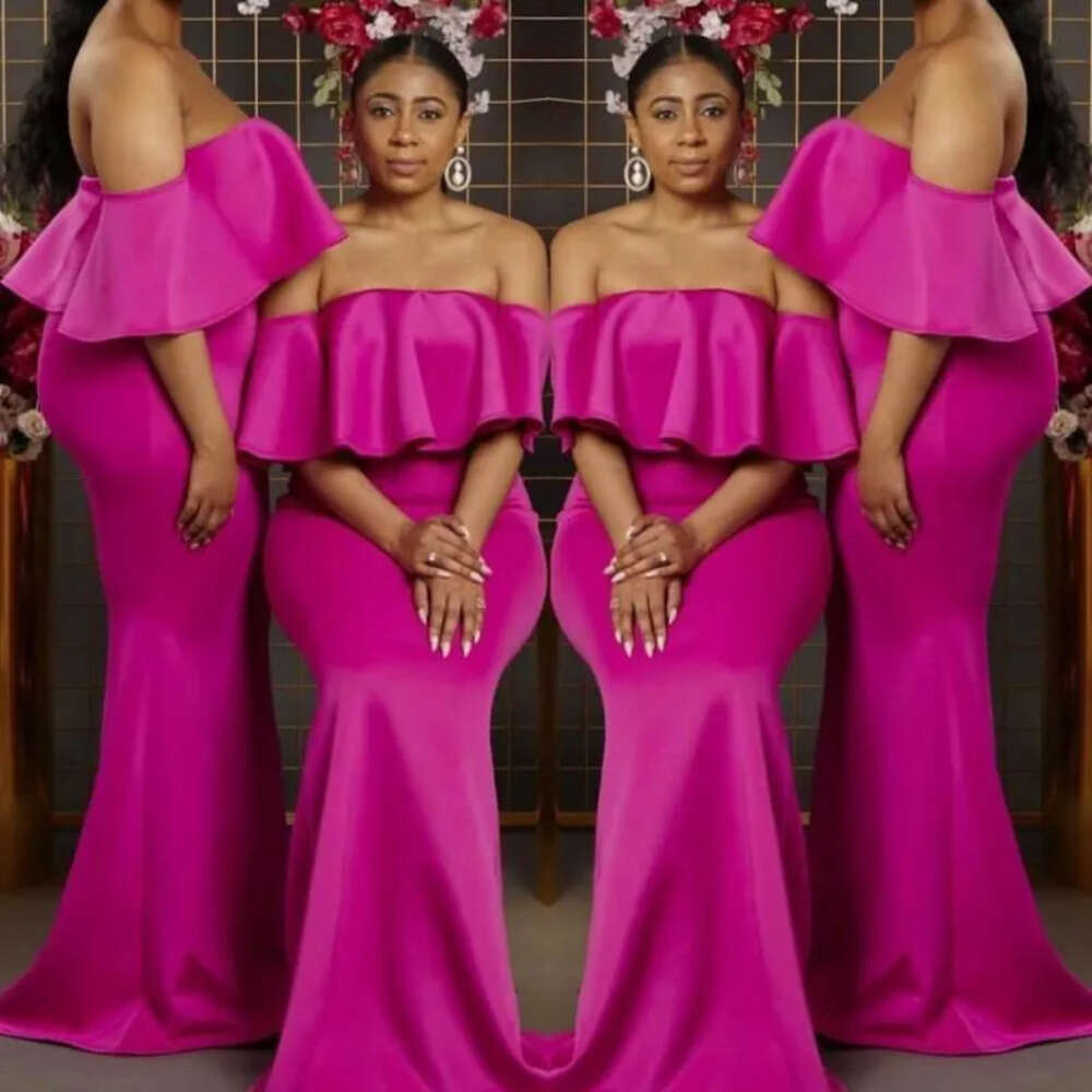Size Plus Made Bridesmaid Fuchsia Dresses Custom Off The Shoulder Ruched Floor Length Maid Of Honor Gown African Wedding Guest Party Wear 0510