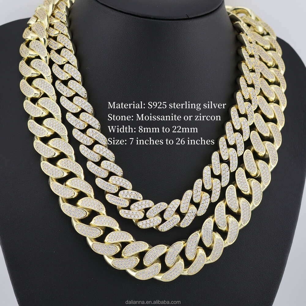 Cheap Iced Out Vvs Moissanite 2 Rows Miami Gold Cuban Chain Necklace 925 Sterling Silver Diamond Moissanite Cuban Link Chain
