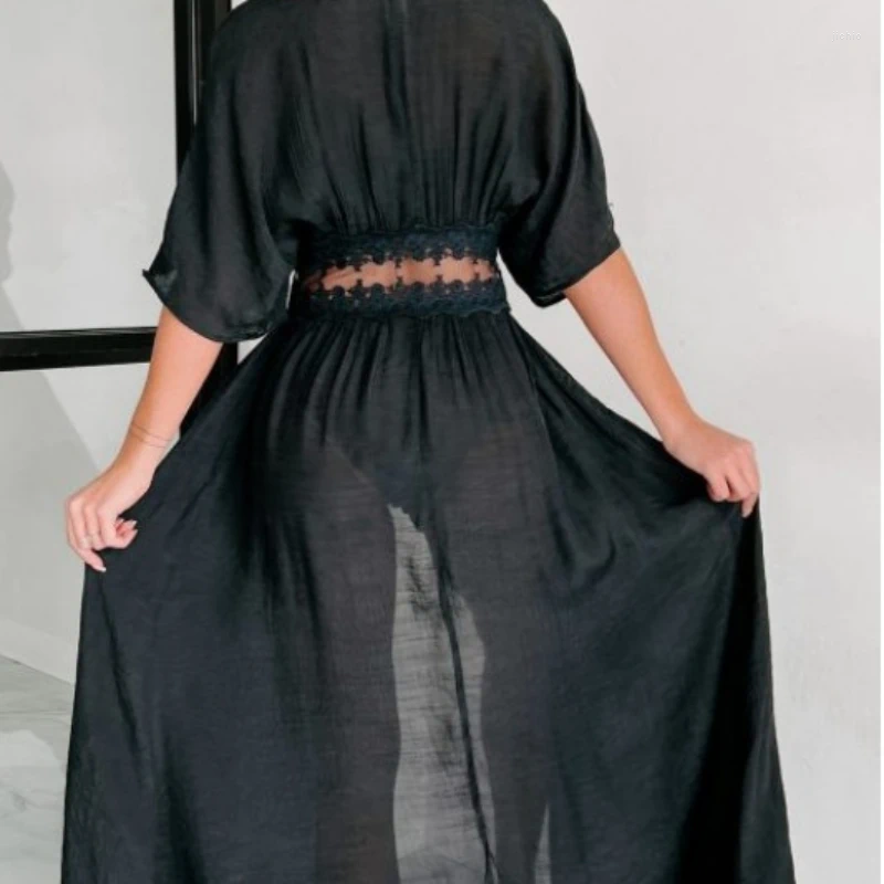 Womens Summer Cover-Ups Black Color Sexy Lace Chiffon Beach Swimsuit Cardigan Jacket Bikini Short Sleeve Sun Protection Cloth