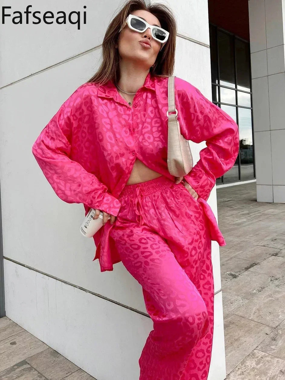 White Satin Wide Leg Trousers Suit for Women Spring Office Leopard Print Twopiece Set Home Tracksuit Womens Pajamas Sets 240423