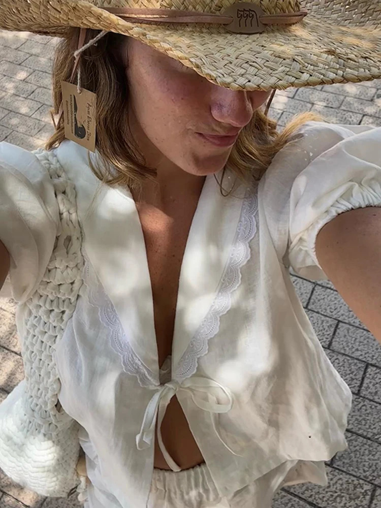 Lace Up Shirts Skirt Suits for Women Doll Collar Bow Puff Short Sleeve Single Breasted Mini Skirts Summer Fashion Lady Sets 240429