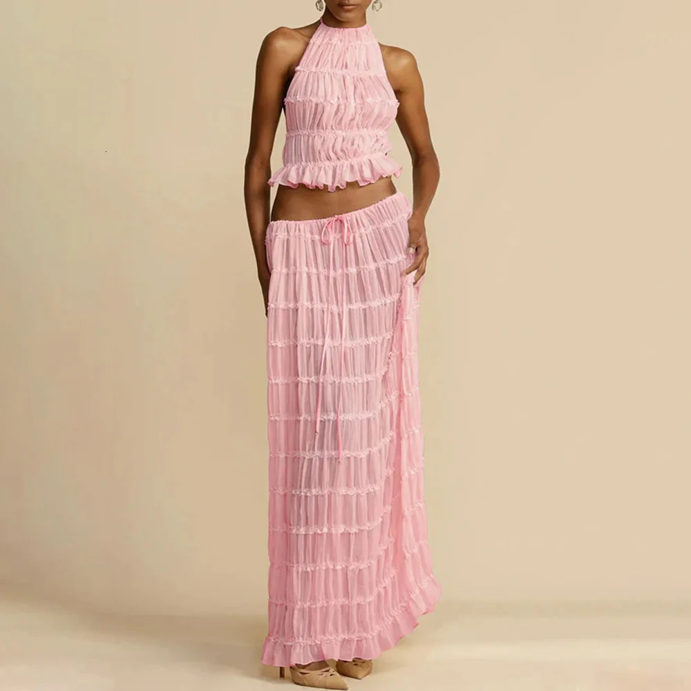 Female 2 Piece Set Skirt Suit Women Sling Halter Short Tops Sleeveless Backless Skirts Long Summer Sexy Outfits 240423