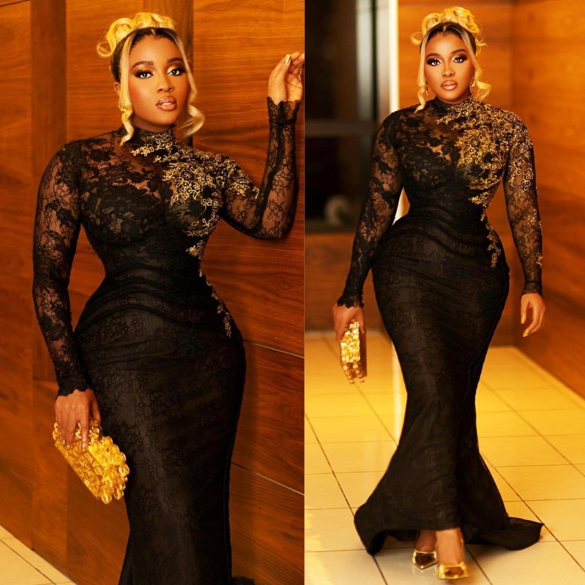 2024 Plus Size Prom Dresses for Black Women Promdress High Neck Illusion Long Sleeves Beaded Appliqued Lace Birthday Dress Second Reception Gowns Enga