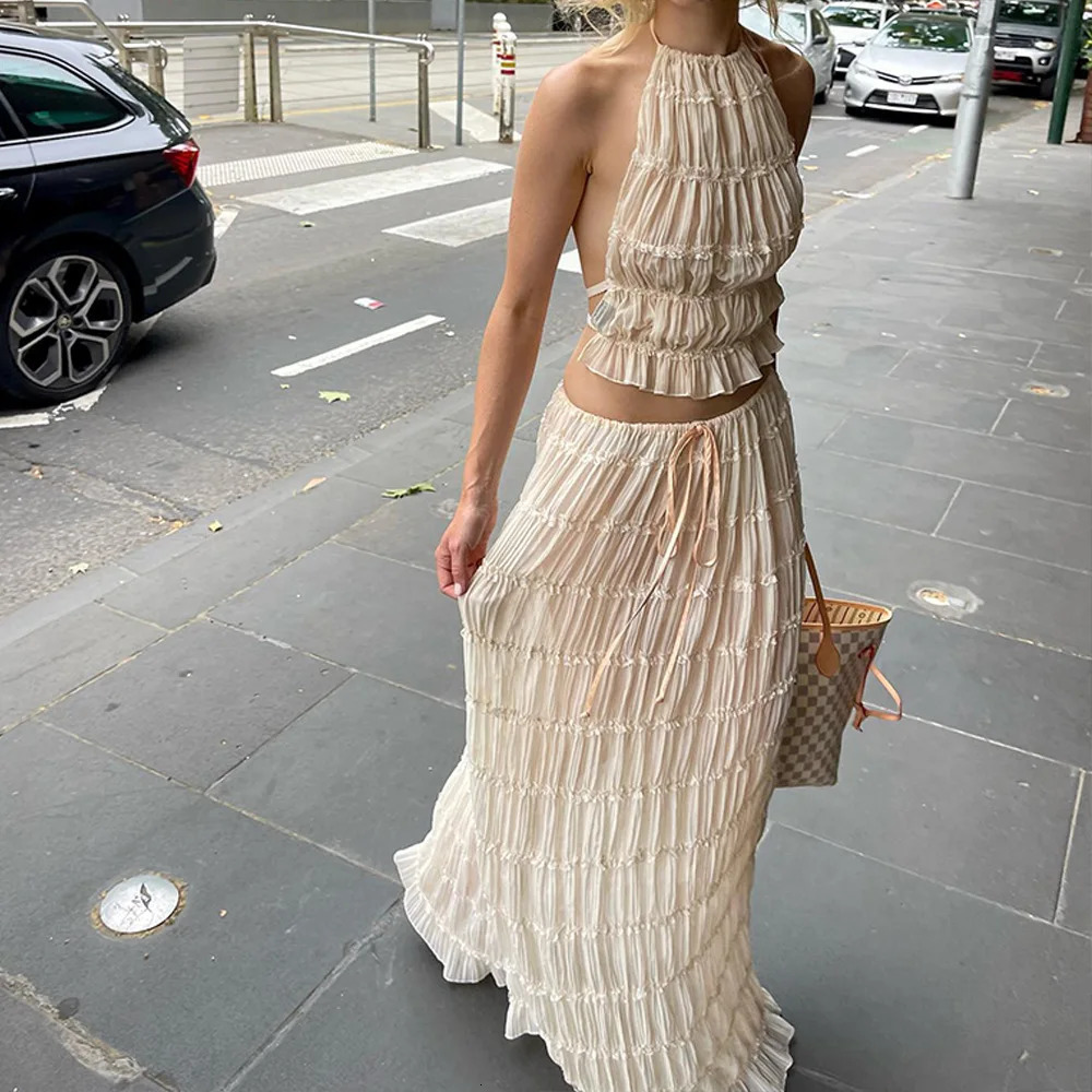 Female 2 Piece Set Skirt Suit Women Sling Halter Short Tops Sleeveless Backless Skirts Long Summer Sexy Outfits 240423