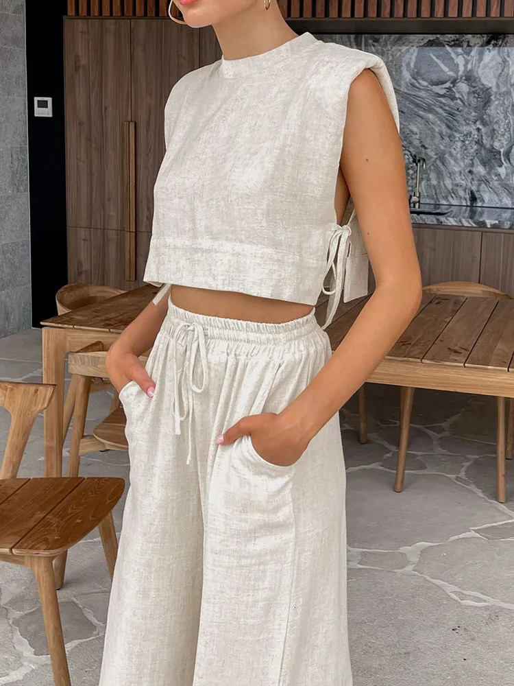 Spring Summer Women Holiday Linen Pant Set Crop Tops Solid Outfits 2 Two Piece Matching Set For Women 240504