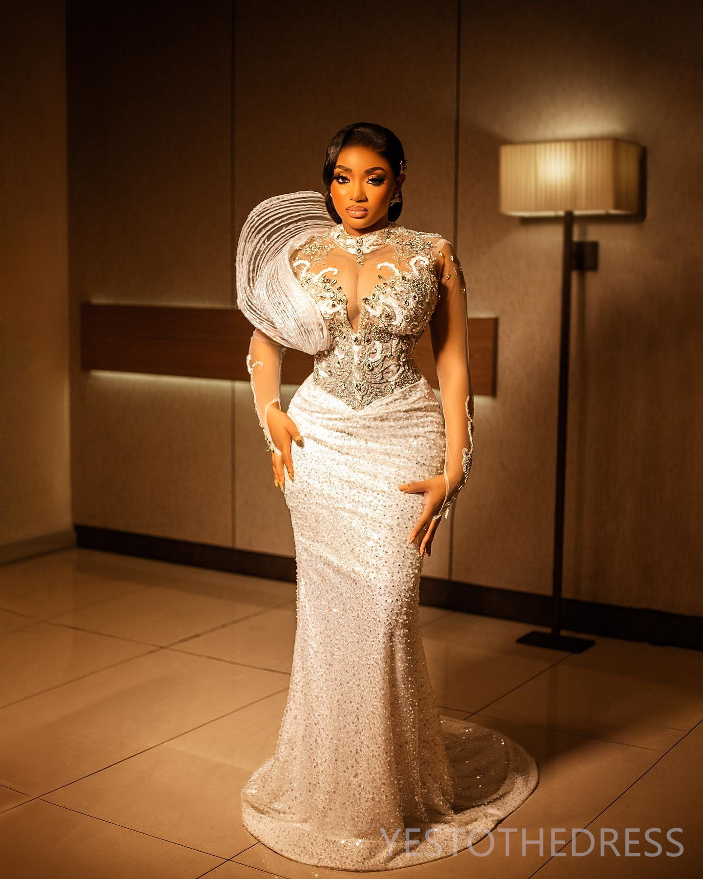 2024 Plus Size Prom Dresses for Black Women Promdress High Neck Long Sleeves Rhinestones Decorated Sequined Lace Birthday Dress Second Reception Gowns