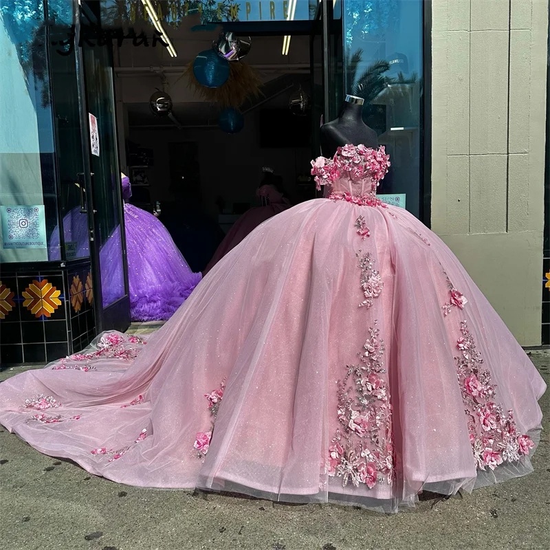 Elegant Pink Quinceanera Sweet Dress Flowers Appliques Crystals Beading Vestidos Th Party Ball Gown