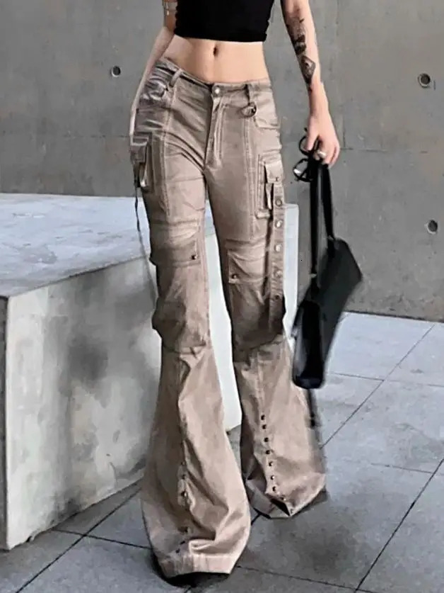 Washed Brown Utility Bootcut Jeans for Women American Street Pocket Wide Leg Pants Original Stay Style Y2k Leisure Trousers 240426