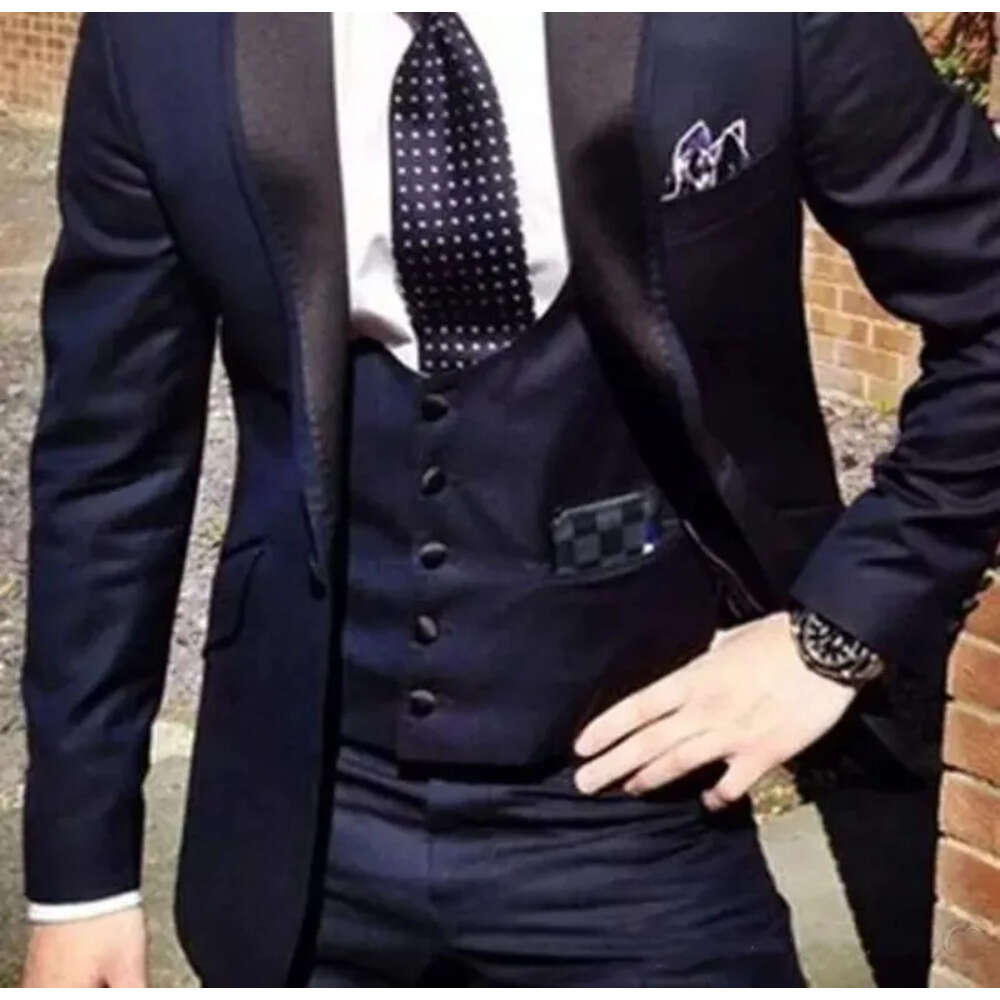 Blue For Wear Navy Groom Tuxedos Wedding 2018 Peaked Lapel One Button Custom Made Business Men Suits (Jacket +Vest + Pants)