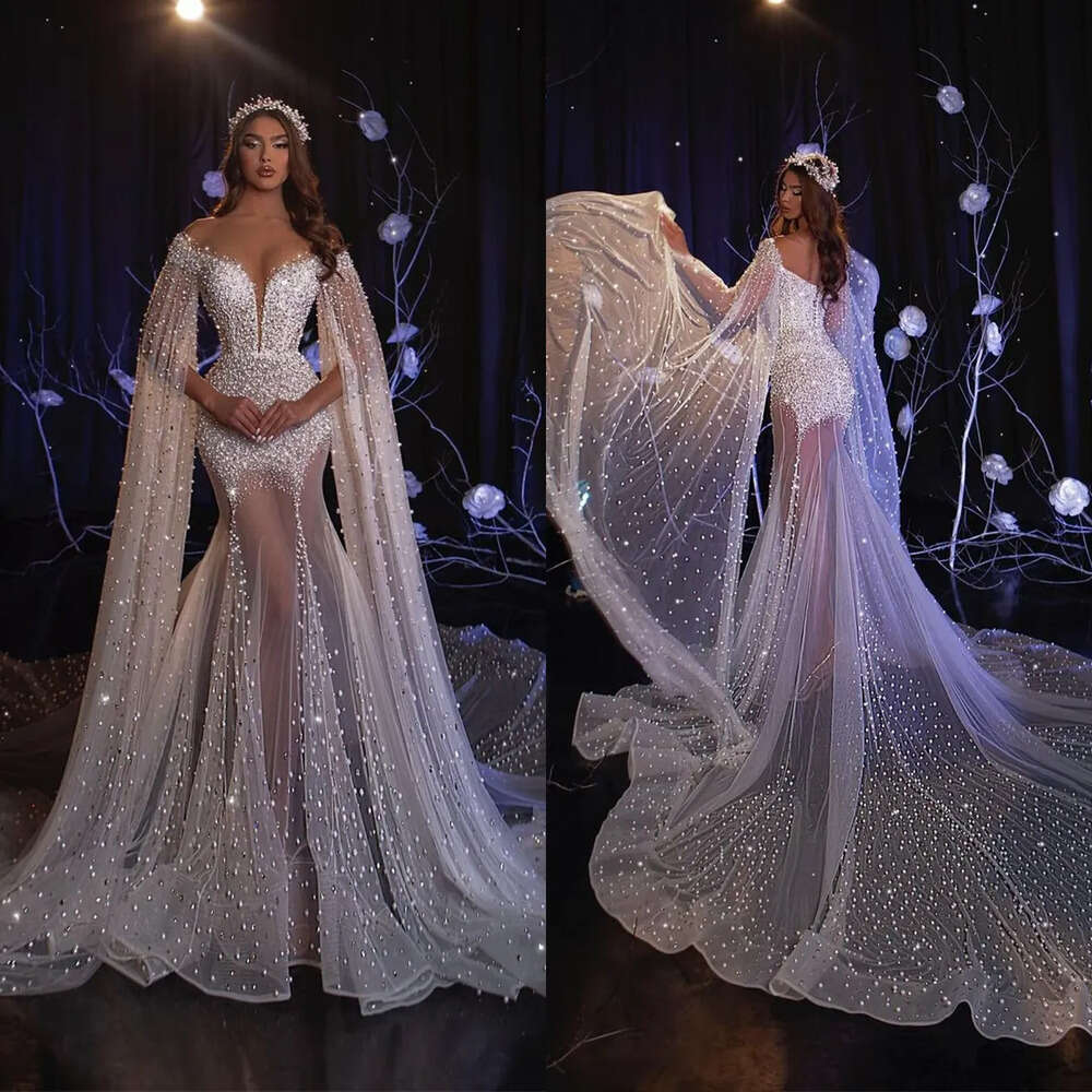 V Neck Wedding Dresses The Off Mermaid Gorgeous Shoulder Long Tulle Sleeves Bead Pearls Chapel Gown Zipper Backless Custom Made Plus Size Vestidos De 
