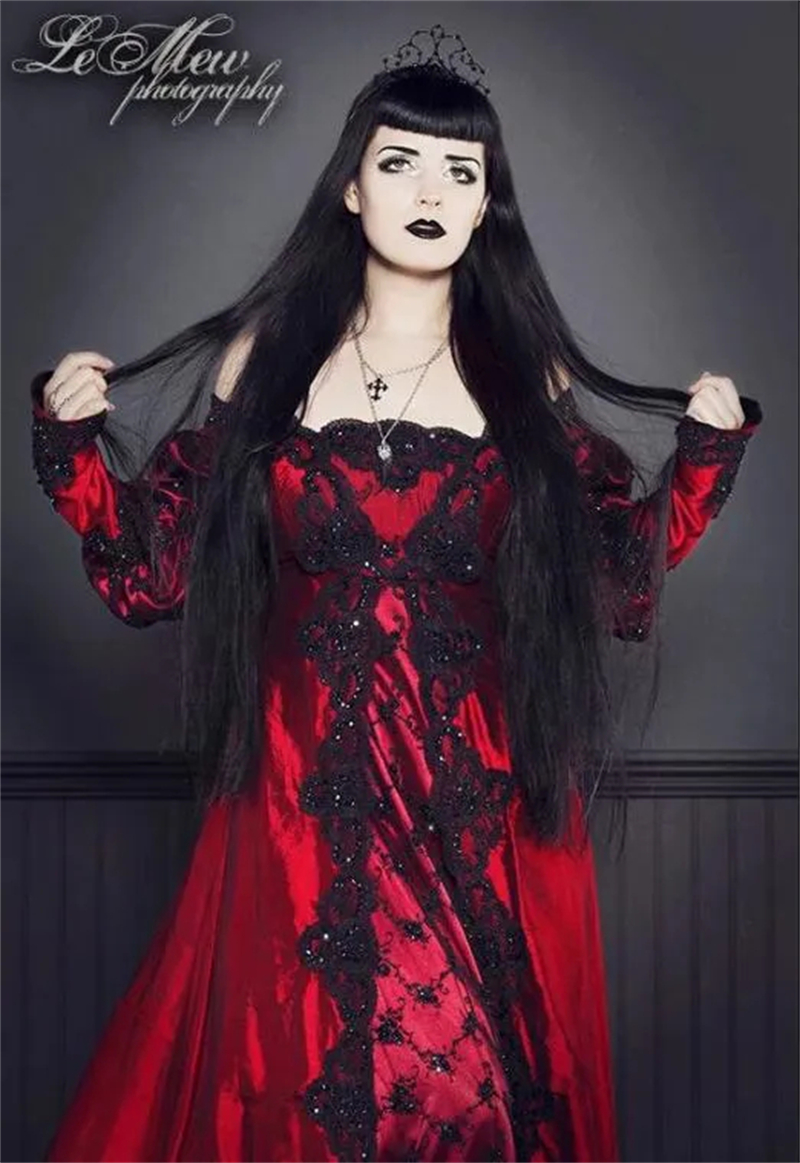 Vintage Black And Red Gothic Wedding Dresses With Detachable Lace Wrap Long Sleeves Ruched Off Shoulder A Line Historical Masquerade Dress For Women