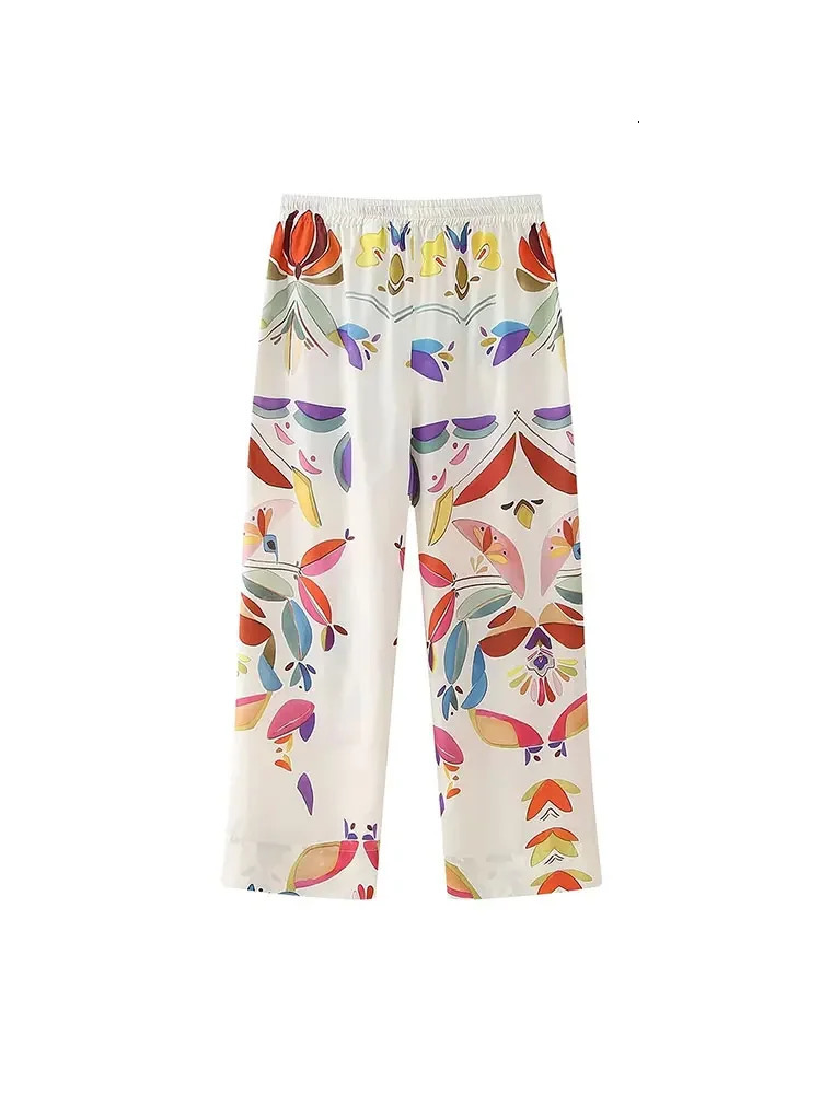 Nlzgmsj TRAF Spring Summer Printed Women Loose Shirt Suits Long Sleeve Casual Blouse Female Wide Pants Sets Y2K 240423