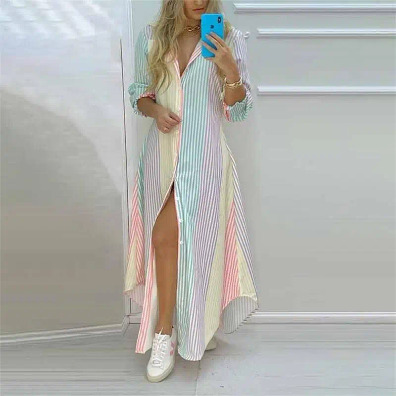Casual Dresses Summer Women Boho Printed Long Shirts Elegant Dress Turn-down Collar Sleeve Female Split Shirt Evening Maxi