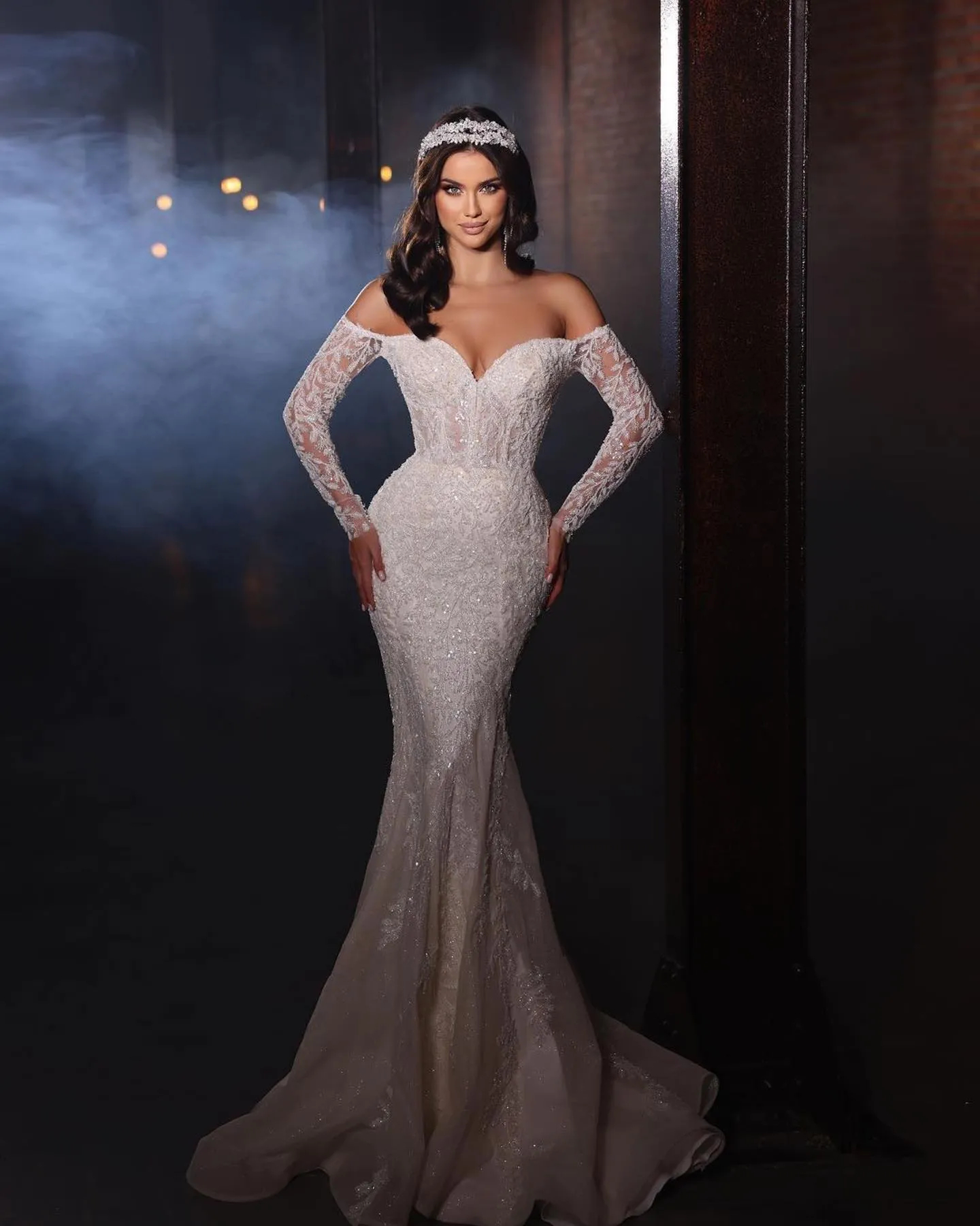 Luxury Lace Mermaid Wedding Dresses With Detachable Train 2024 Glitter Beads Sequins Long Sleeves Bridal Gowns Off The Shoulder Sweetheart Neck