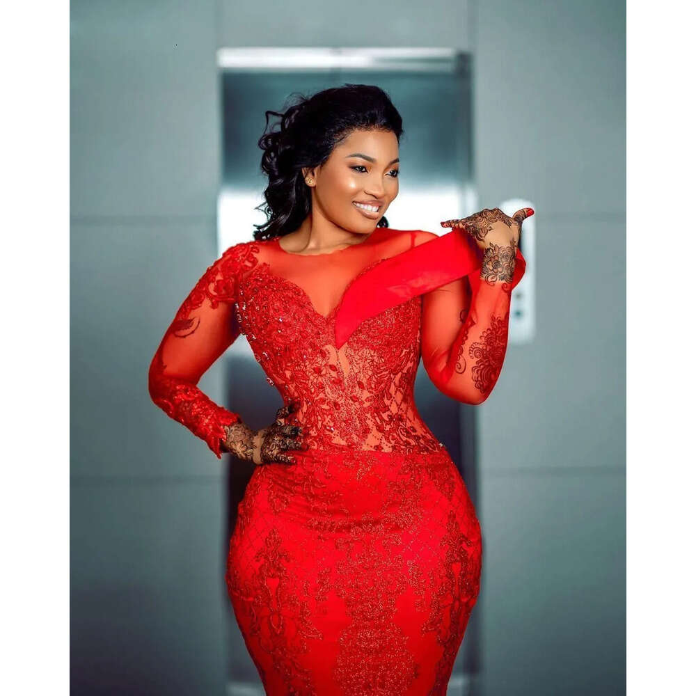 Evening Long Sleeves Designer Lace Red Dresses Applique Beaded Jewel Neck Plus Size Pleats Prom Gown Formal Custom Made Vestidos