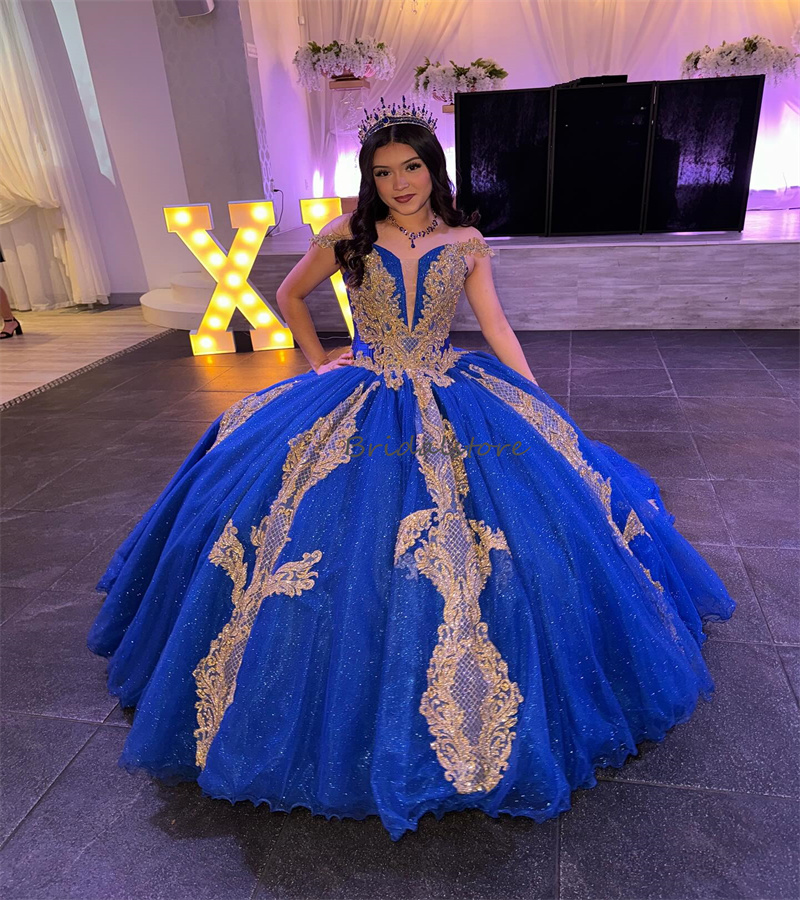 Blue Quinceanera Dresses 2024 Sparkly Ball Gown Gold Appliques Vestidos De Xv 15 Anos Luxury Off Shoulders Shine Sixteen Party Dress Birthday Sweet 16