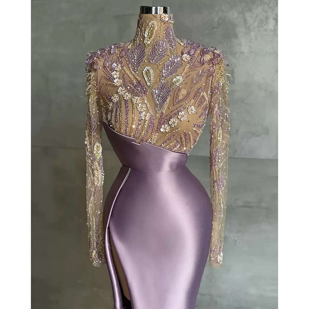 With Lavender Sleeves Mermaid Long Evening Dresses Beading High Neck Satin Side Slit Plus Size Illusion Top Prom Party Gowns Designer Vestidos