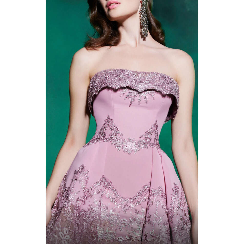 E Vestido Pink Evening Elegant A Long Prom Dresses Strapless Illusion Lace Appliques Sweep Train Formal Party Gowns Ppliques vening legant ppliques